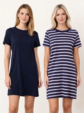 Old Navy Navy T-Shirt Dresses with Pink and Mint Stripes and Navy Blue